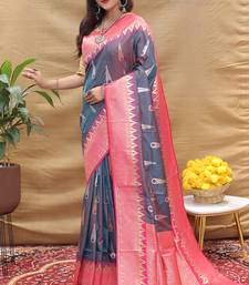 Grey banarasi silk blend saree with rani pink zari woven border
