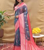 Grey banarasi silk blend saree with rani pink zari woven border