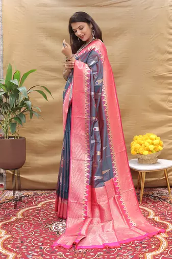 Grey banarasi silk blend saree with rani pink zari woven border