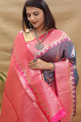 Grey banarasi silk blend saree with rani pink zari woven border