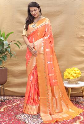 Peach banarasi silk blend saree with orange zari woven border 1