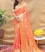 Peach banarasi silk blend saree with orange zari woven border