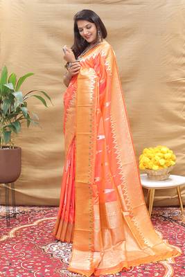 Peach banarasi silk blend saree with orange zari woven border 2