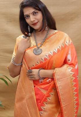 Peach banarasi silk blend saree with orange zari woven border 3