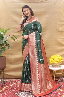 Dark green banarasi silk blend saree with maroon zari woven border 1