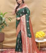 Dark green banarasi silk blend saree with maroon zari woven border