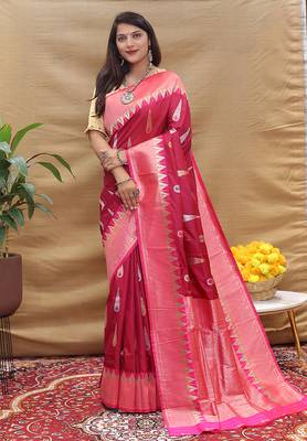 Deep wine banarasi silk blend saree with pink zari woven border 1
