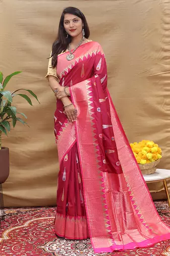 Deep wine banarasi silk blend saree with pink zari woven border