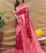 Deep wine banarasi silk blend saree with pink zari woven border