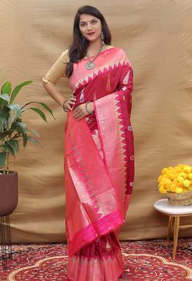 Deep wine banarasi silk blend saree with pink zari woven border 2