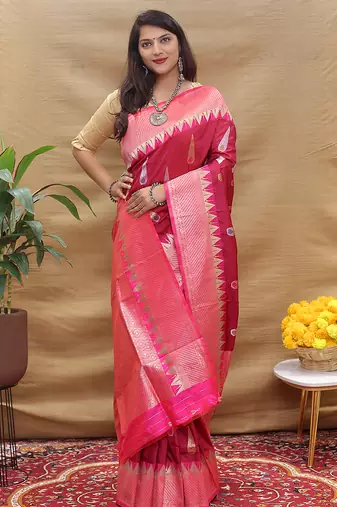 Deep wine banarasi silk blend saree with pink zari woven border