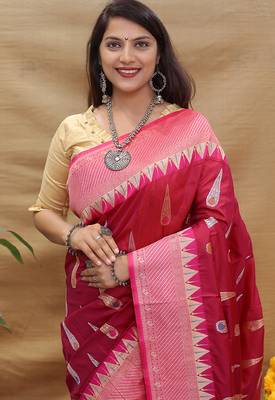 Deep wine banarasi silk blend saree with pink zari woven border 4