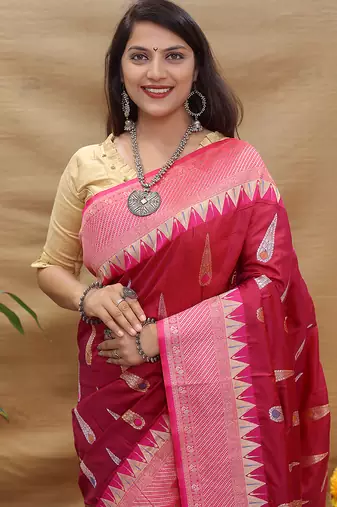 Deep wine banarasi silk blend saree with pink zari woven border