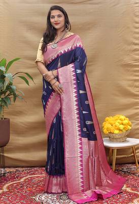 Navy blue banarasi silk blend saree with magenta pink zari woven border 1