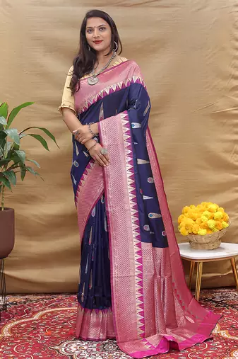 Navy blue banarasi silk blend saree with magenta pink zari woven border