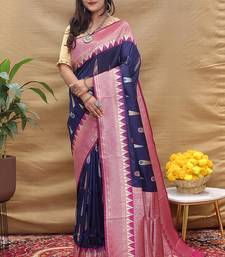 Navy blue banarasi silk blend saree with magenta pink zari woven border