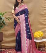 Navy blue banarasi silk blend saree with magenta pink zari woven border