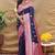 Navy blue banarasi silk blend saree with magenta pink zari woven border