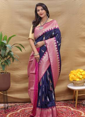 Navy blue banarasi silk blend saree with magenta pink zari woven border 2