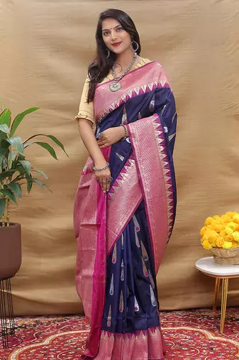 Navy blue banarasi silk blend saree with magenta pink zari woven border