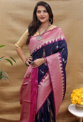 Navy blue banarasi silk blend saree with magenta pink zari woven border 3