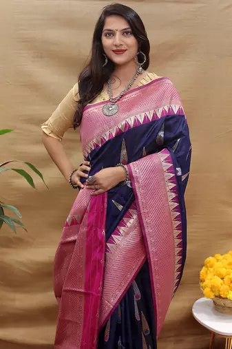 Navy blue banarasi silk blend saree with magenta pink zari woven border