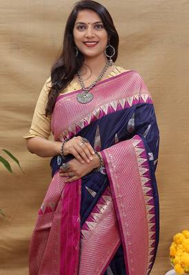 Navy blue banarasi silk blend saree with magenta pink zari woven border 4