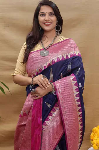 Navy blue banarasi silk blend saree with magenta pink zari woven border