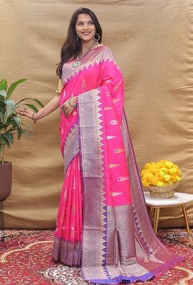 Rani pink banarasi silk blend saree with purple zari woven border 1