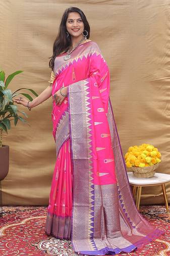 Rani pink banarasi silk blend saree with purple zari woven border