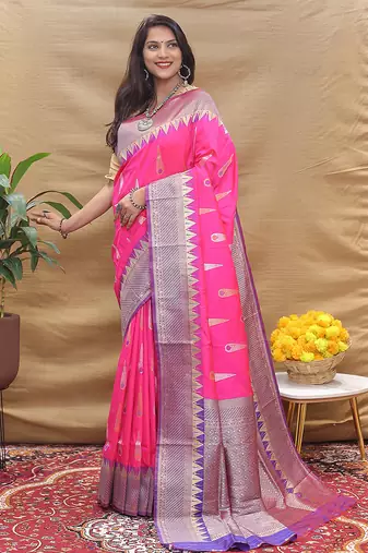 Rani pink banarasi silk blend saree with purple zari woven border