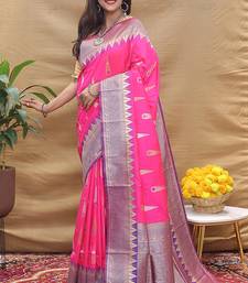 Rani pink banarasi silk blend saree with purple zari woven border