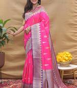 Rani pink banarasi silk blend saree with purple zari woven border