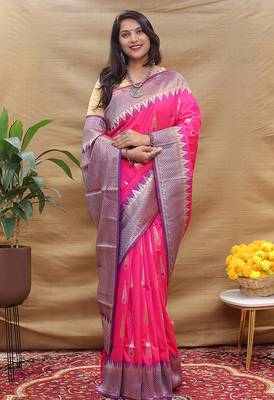 Rani pink banarasi silk blend saree with purple zari woven border 2