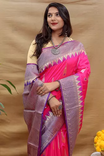 Rani pink banarasi silk blend saree with purple zari woven border