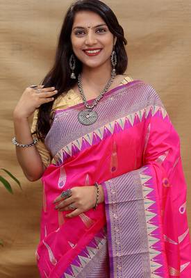 Rani pink banarasi silk blend saree with purple zari woven border 4