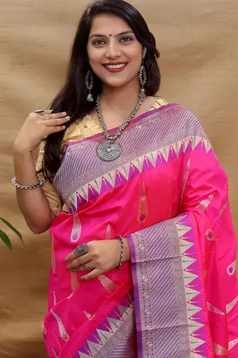 Rani pink banarasi silk blend saree with purple zari woven border