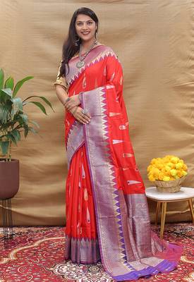 Red banarasi silk blend saree with purple zari woven border 1