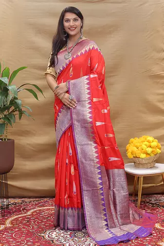 Red banarasi silk blend saree with purple zari woven border