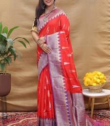 Red banarasi silk blend saree with purple zari woven border