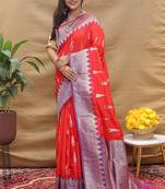 Red banarasi silk blend saree with purple zari woven border