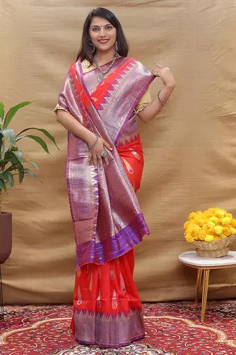 Red banarasi silk blend saree with purple zari woven border