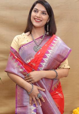 Red banarasi silk blend saree with purple zari woven border 4
