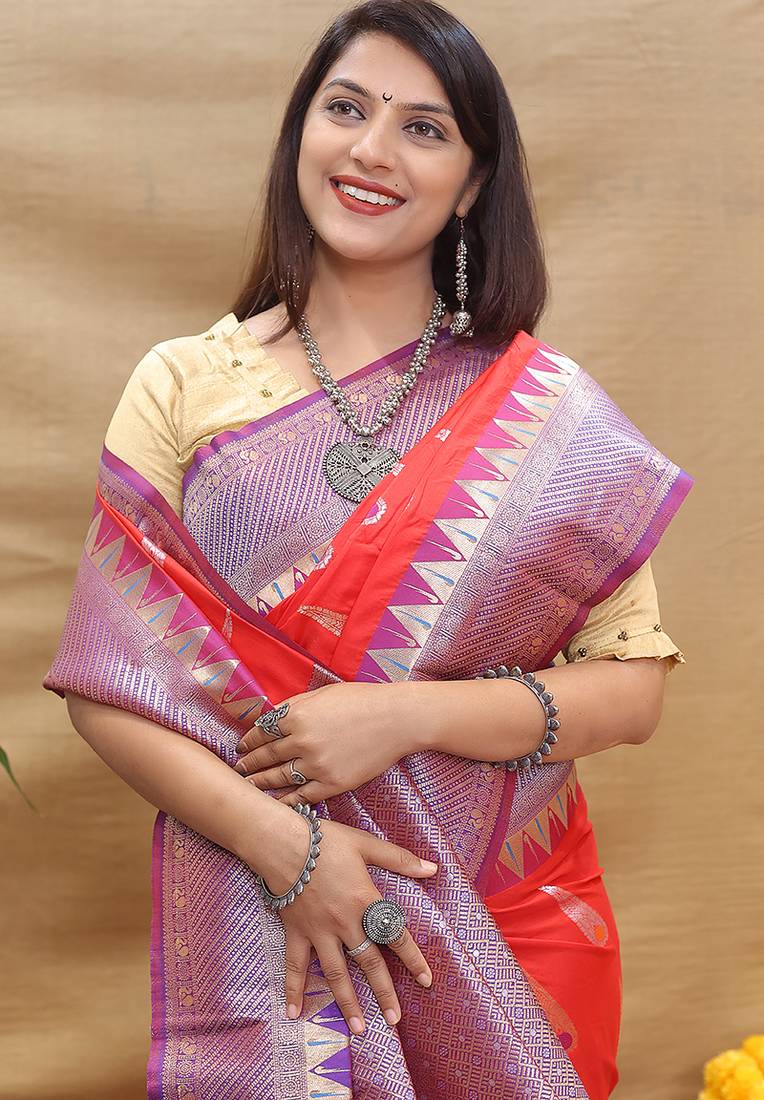 Red banarasi silk blend saree with purple zari woven border
