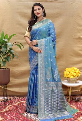 Sky blue banarasi silk blend saree with silver zari weaving 1