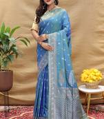 Sky blue banarasi silk blend saree with silver zari weaving