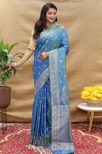 Sky blue banarasi silk blend saree with silver zari weaving