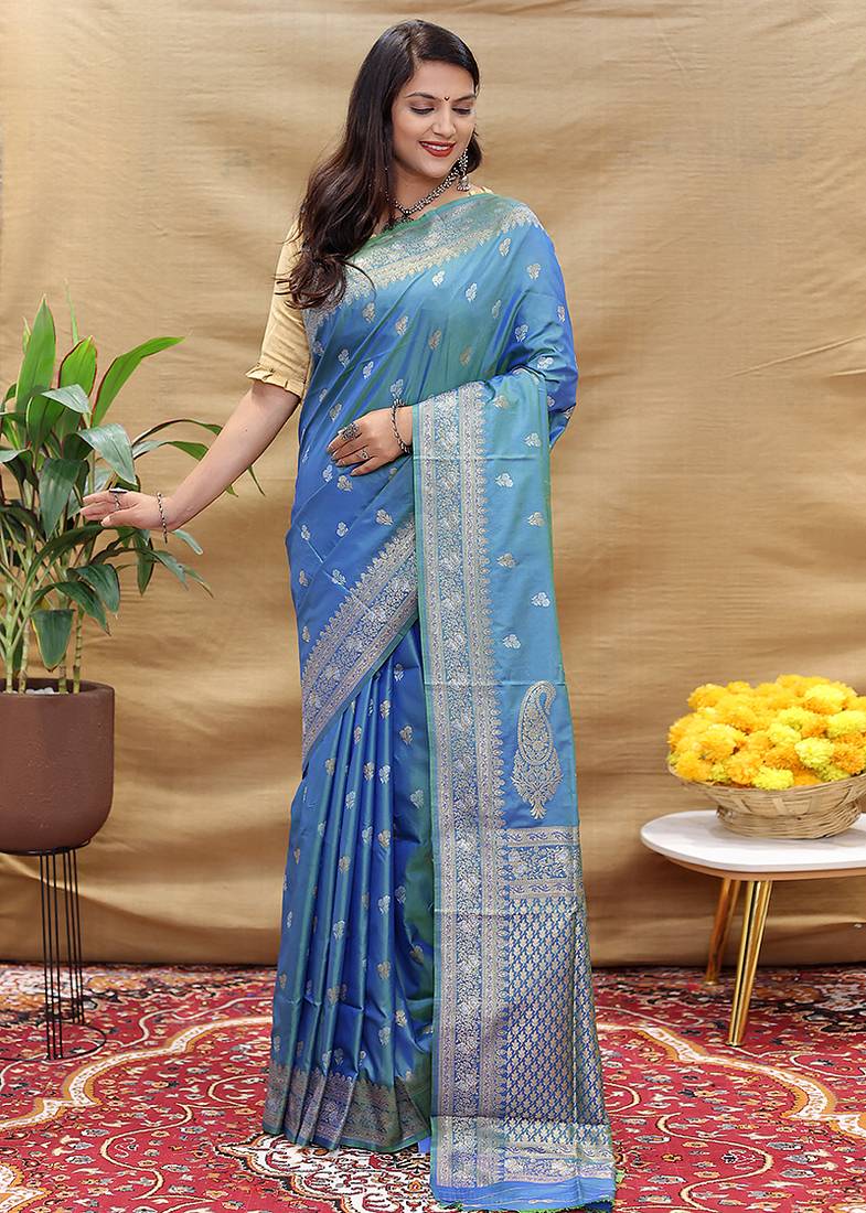Sky blue banarasi silk blend saree with silver zari weaving