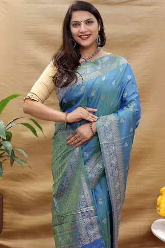 Sky blue banarasi silk blend saree with silver zari weaving