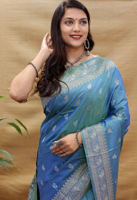 Sky blue banarasi silk blend saree with silver zari weaving 4